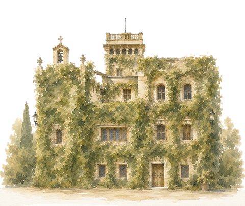 Original invitation watercolor of a historic manor and ivy-clad tower